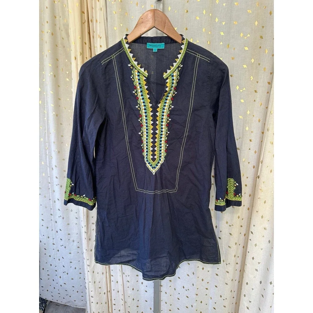 BritishIndia Traveller Women's 100% Cotton Embroidered Beaded Tunic Top XS/S